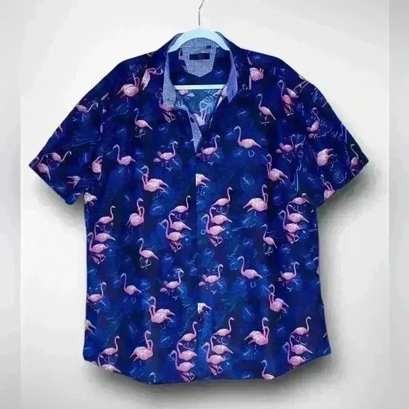 FLOCKING AMAZING FLAMINGO BUTTON UP SHIRT NAVY BC COLLECTION Size 2XL - Picture 5 of 10